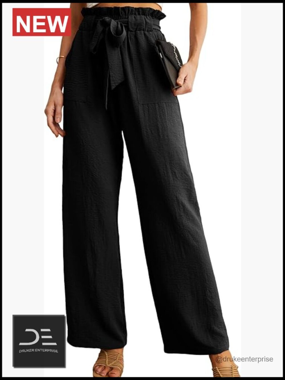 Wide Leg Pants with Pockets High Waist Adjustable Knot Loose Casual Trousers
